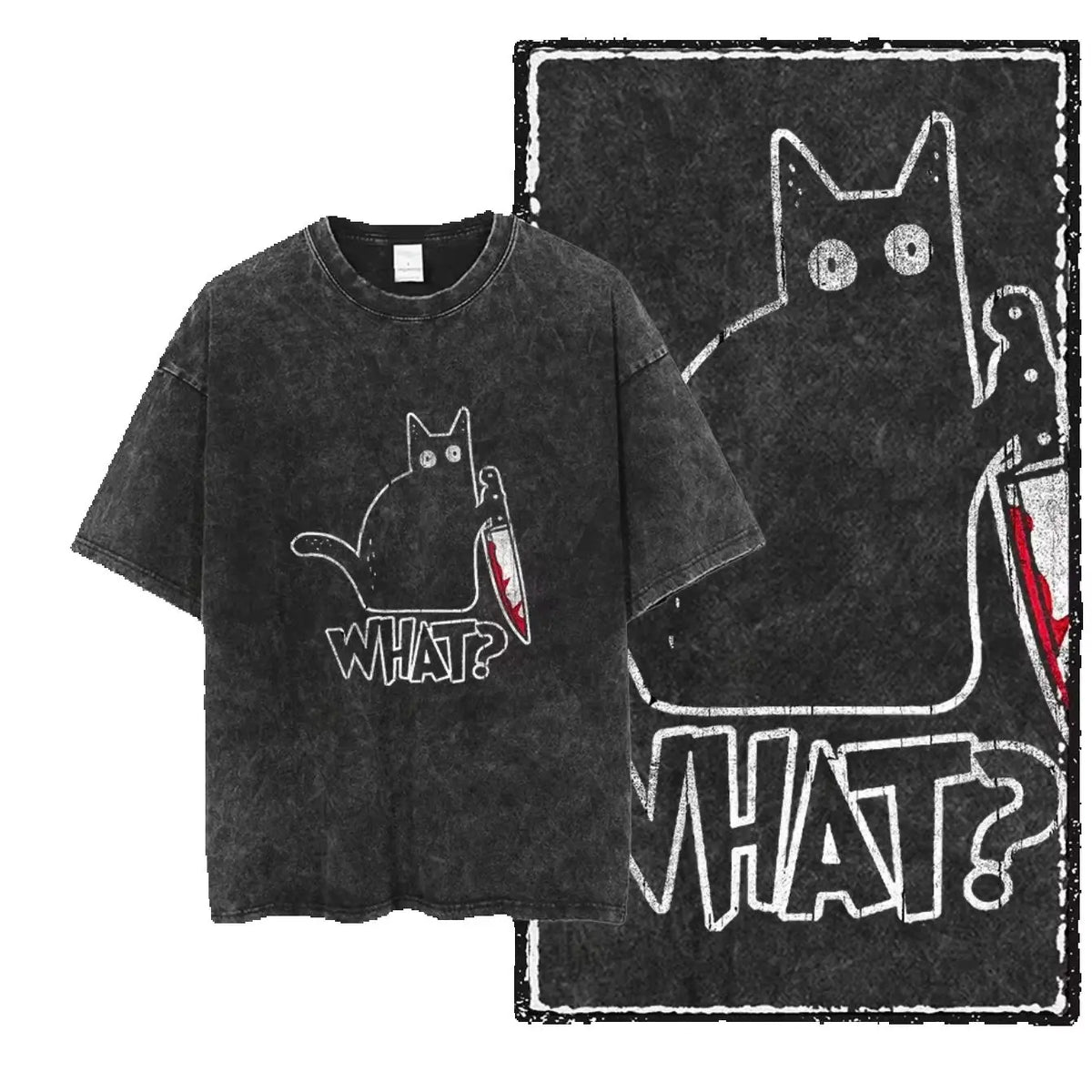 Cat Printed Cotton Acid Washed Graphic Unisex T Shirt