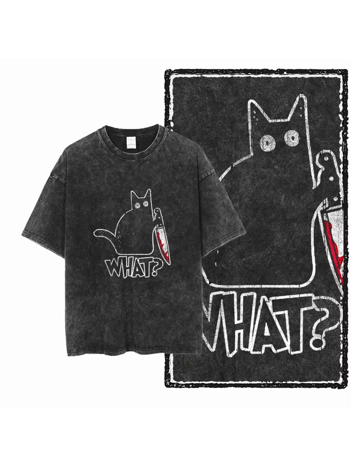 Cat Printed Cotton Acid Washed Graphic Unisex T Shirt
