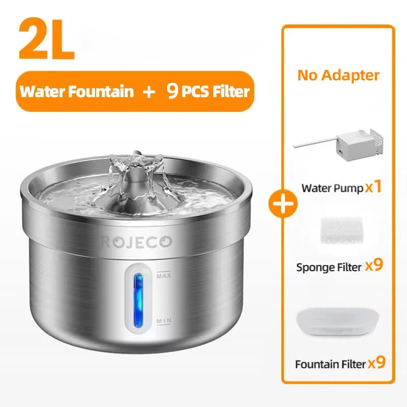 ROJECO Stainless Steel Cat Water Fountain Filters 2L Automatic Pet Water Dispenser Smart Drinking Fountain for Cat Dog Supplies