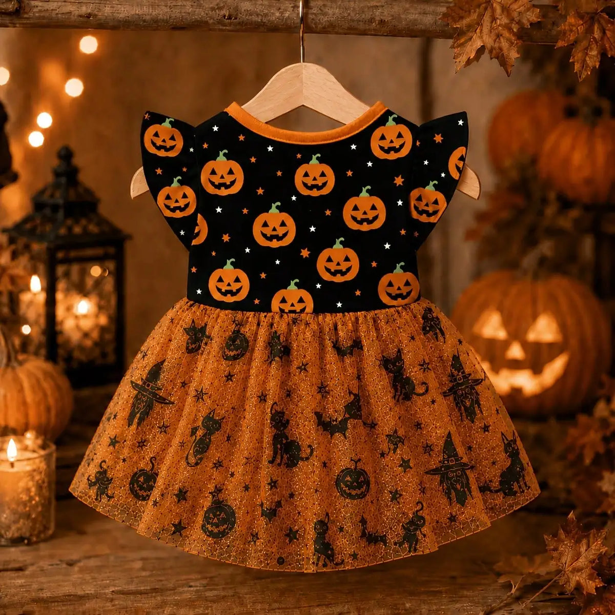 Halloween Pumpkin Print Dog Dress With Bow For Comfortable Wear All Seasons