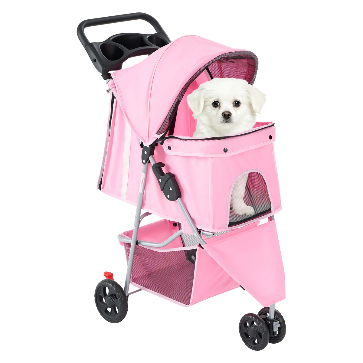 Foldable Pet Stroller With Mesh Windows And Storage Basket