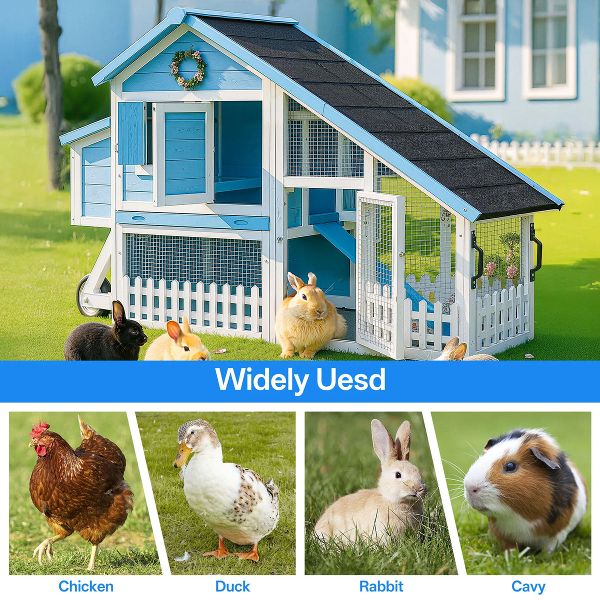 Outdoor Wheeled Double Decker Wooden Rabbit Hutch With Secure Fence