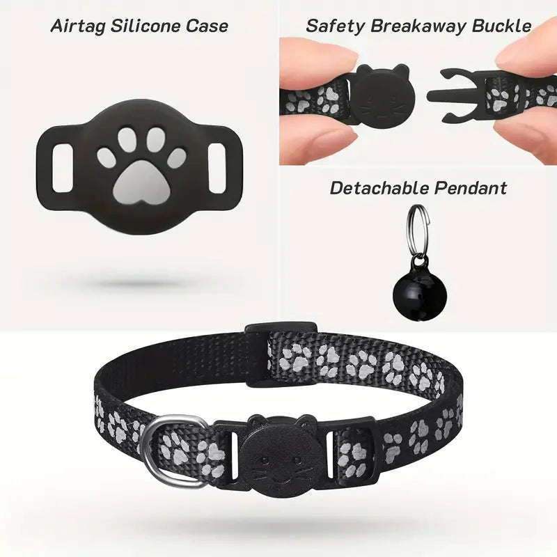 Reflective AirTag Cat Collar With Paw Pattern Quick Release Buckle