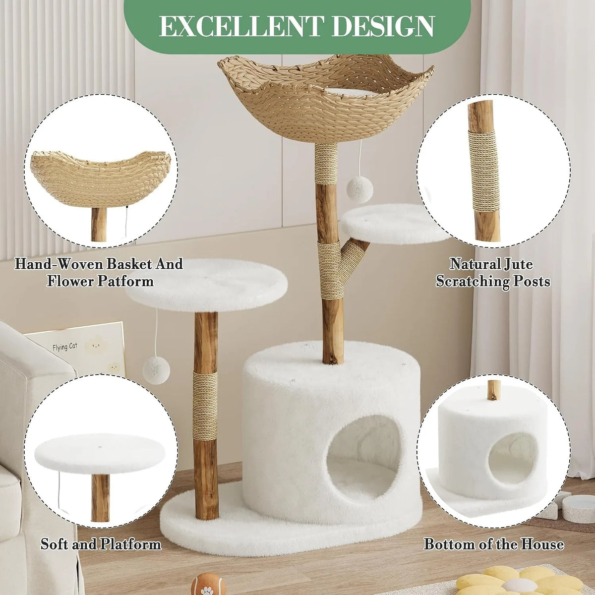Wooden Cat Tree Tower With Rattan Multi Level Activity Center