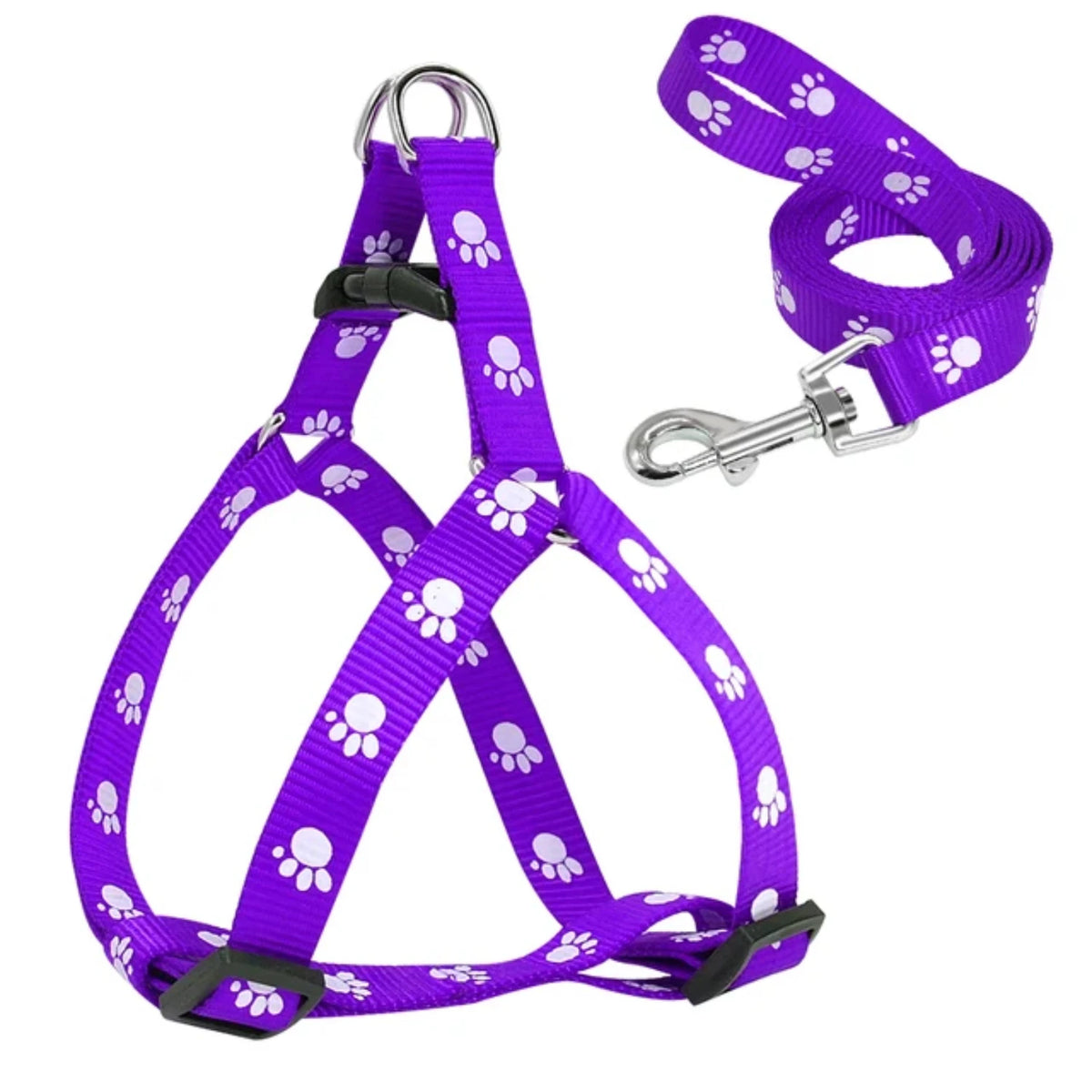 Adjustable Paw Print Nylon Dog Harness and Leash Set for Walking
