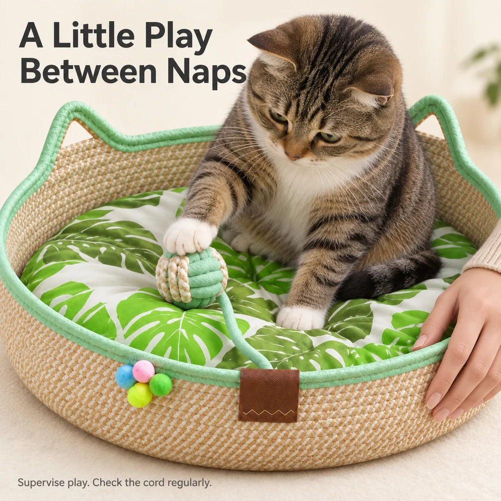Woven Cat Bed For Indoor Cats Round Cat Basket With Cat Ear Design Cozy Cat Lounger For Kittens And Small Cats Indoor Pet Sleeping Basket For Napping And Relaxing