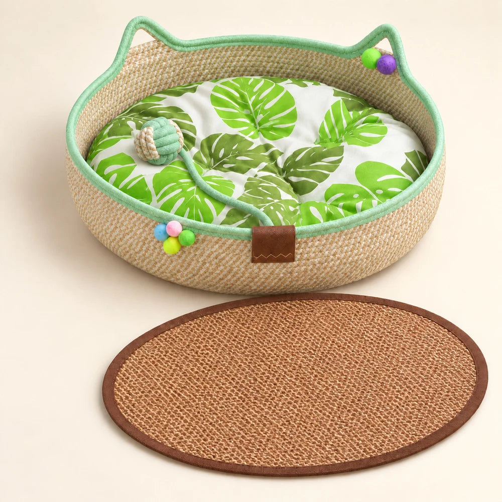 Woven Cat Bed For Indoor Cats Round Cat Basket With Cat Ear Design Cozy Cat Lounger For Kittens And Small Cats Indoor Pet Sleeping Basket For Napping And Relaxing