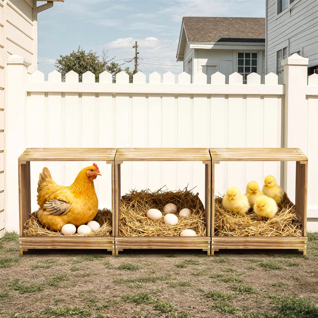 BINGOPAW Pine Wood Chicken Nesting Box With Three Egg Compartments