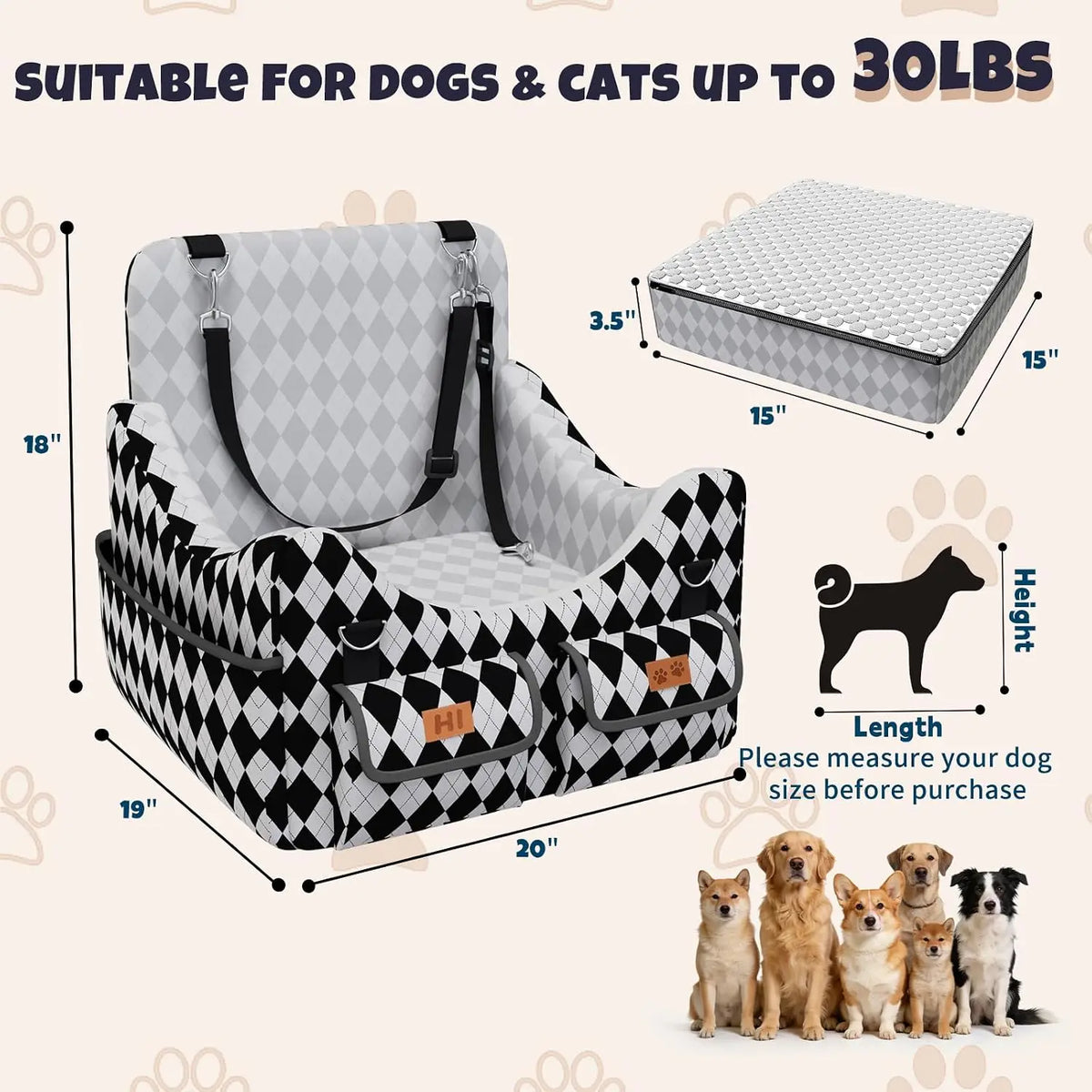 Portable Memory Foam Dog Booster Car Seat With Safety Belt