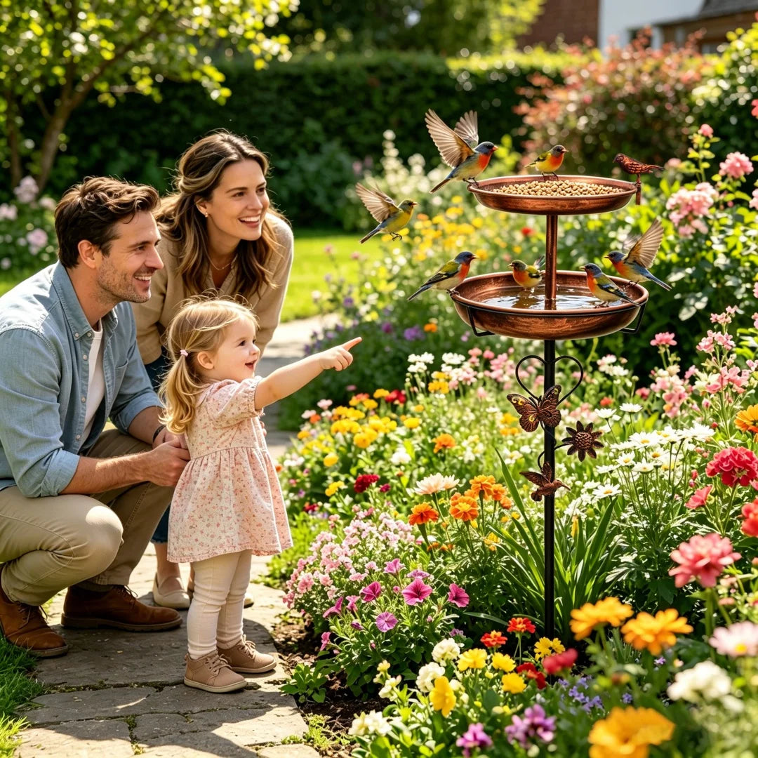 Freestanding Double Bowl Bird Bath and Feeder for Garden Decor