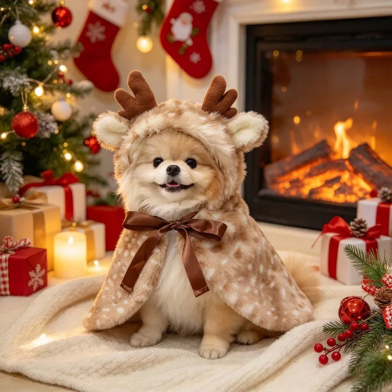Christmas Reindeer Cape and Hat Costume for Dogs and Cats