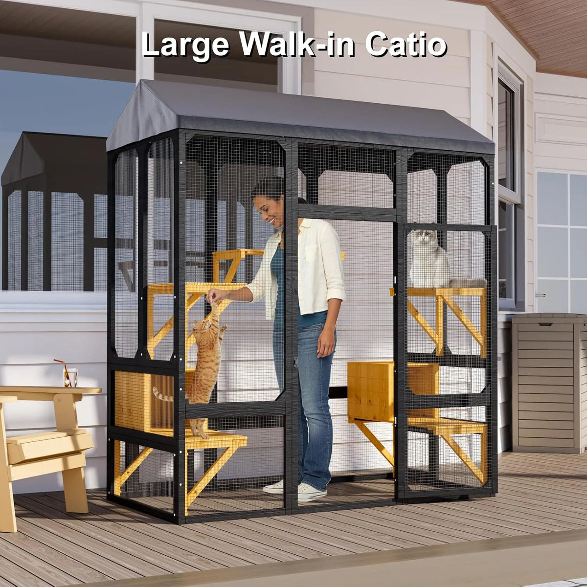 Outdoor Cat Catio Enclosure With Waterproof Cover And Resting Platforms