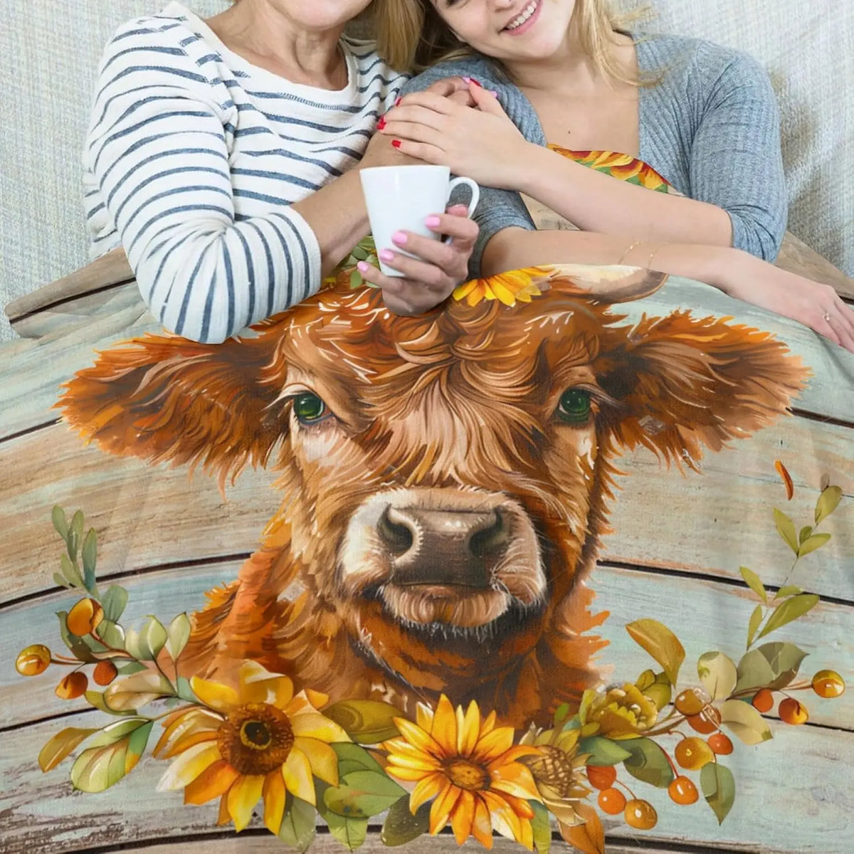 Highland Cow Sunflower Flannel Throw Blanket for Farmhouse Decor