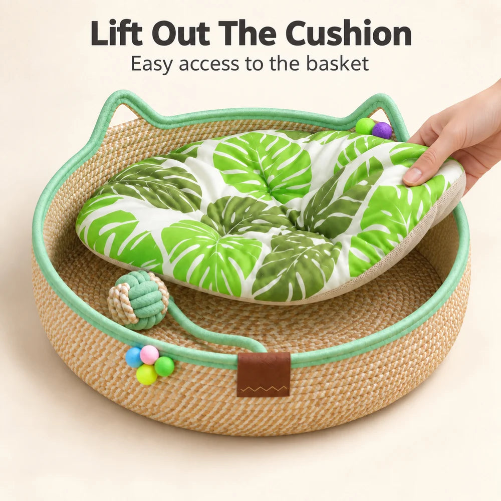 Woven Cat Bed For Indoor Cats Round Cat Basket With Cat Ear Design Cozy Cat Lounger For Kittens And Small Cats Indoor Pet Sleeping Basket For Napping And Relaxing