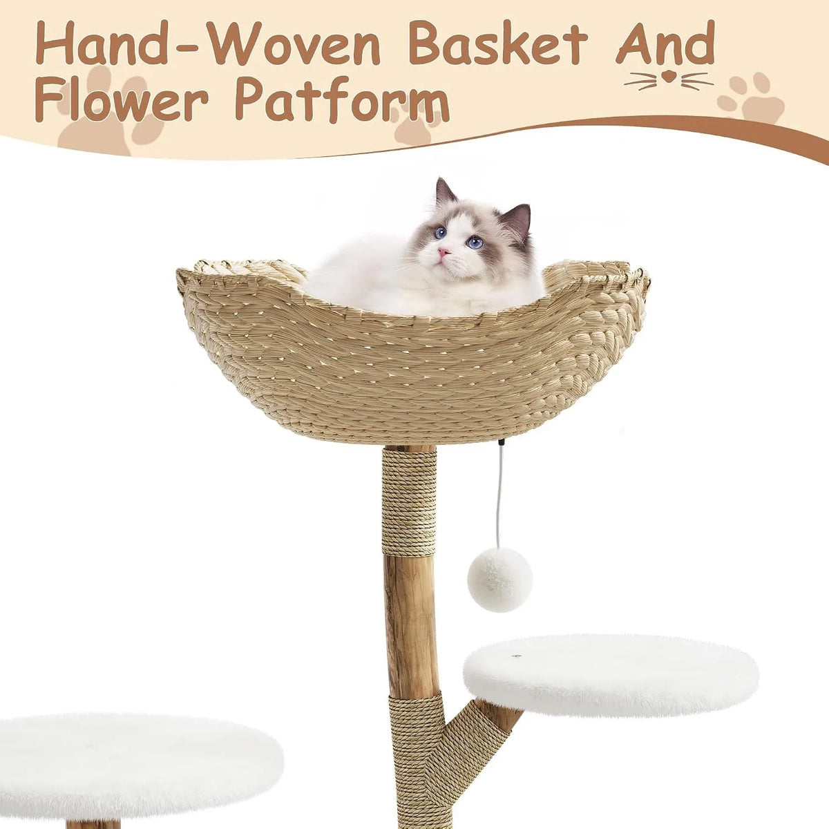 Wooden Cat Tree Tower With Rattan Multi Level Activity Center