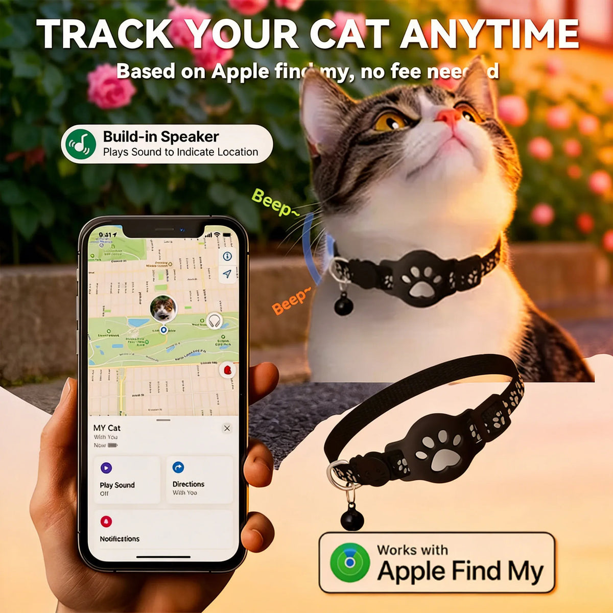Reflective AirTag Cat Collar With Paw Pattern Quick Release Buckle