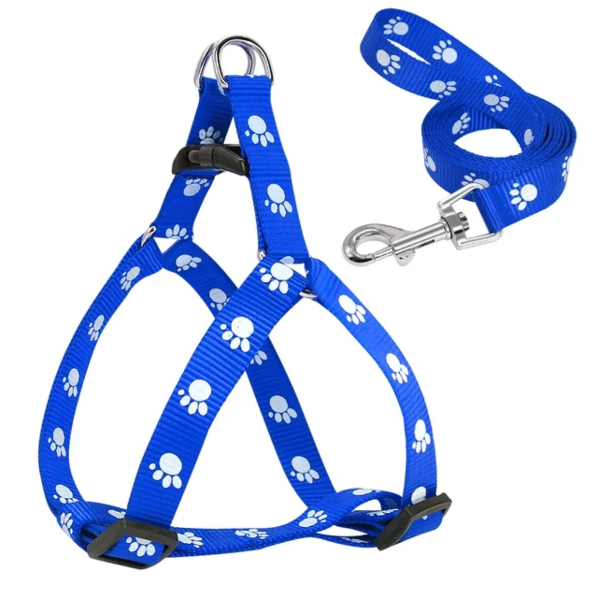 Adjustable Paw Print Nylon Dog Harness and Leash Set for Walking