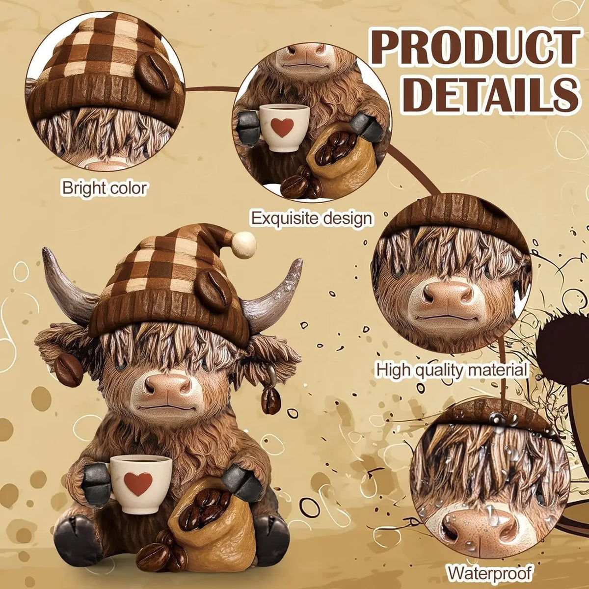 Highland Cow Figurine Statue, Rustic Animal Home Decor Ornament