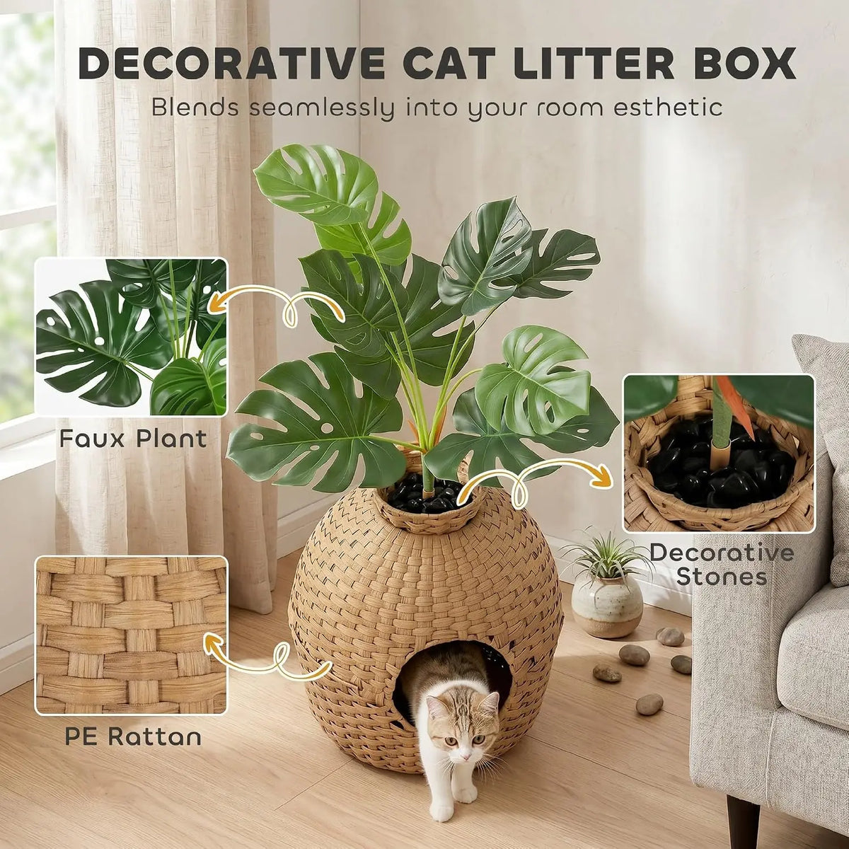 Hidden Cat Litter Box Plant Furniture Enclosure With Faux Plant