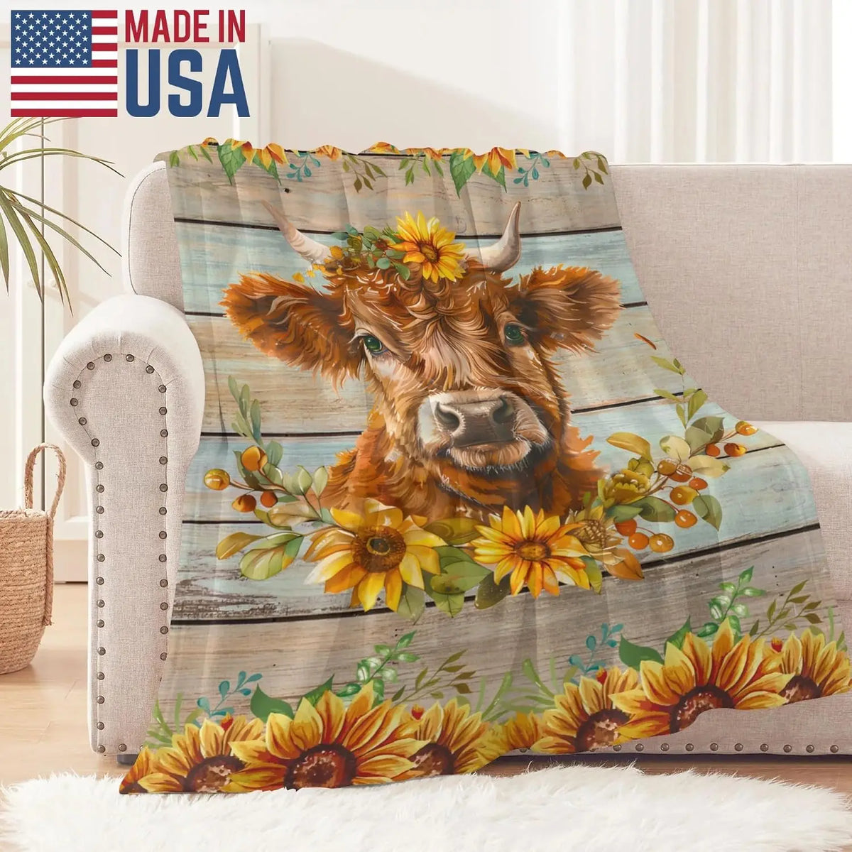 Highland Cow Sunflower Flannel Throw Blanket for Farmhouse Decor