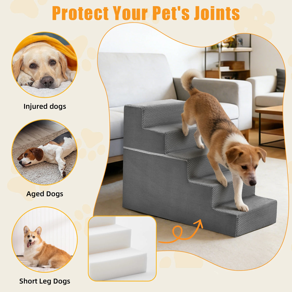 JHK Curved Foam Dog Stairs With Nonslip Pet Steps Indoor