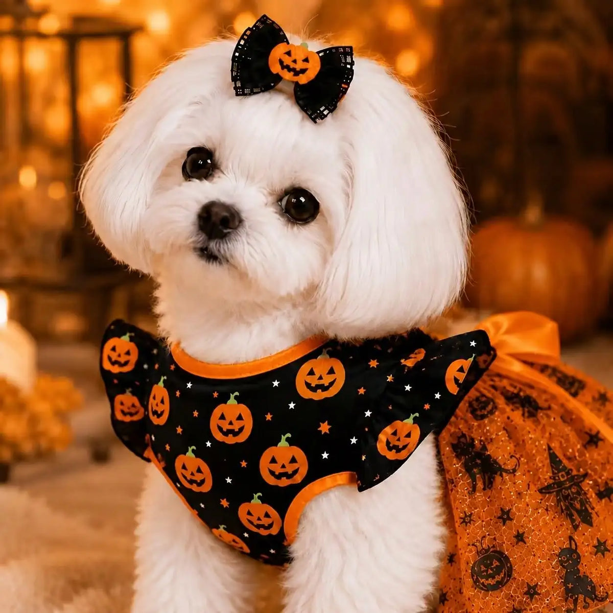 Halloween Pumpkin Print Dog Dress With Bow For Comfortable Wear All Seasons