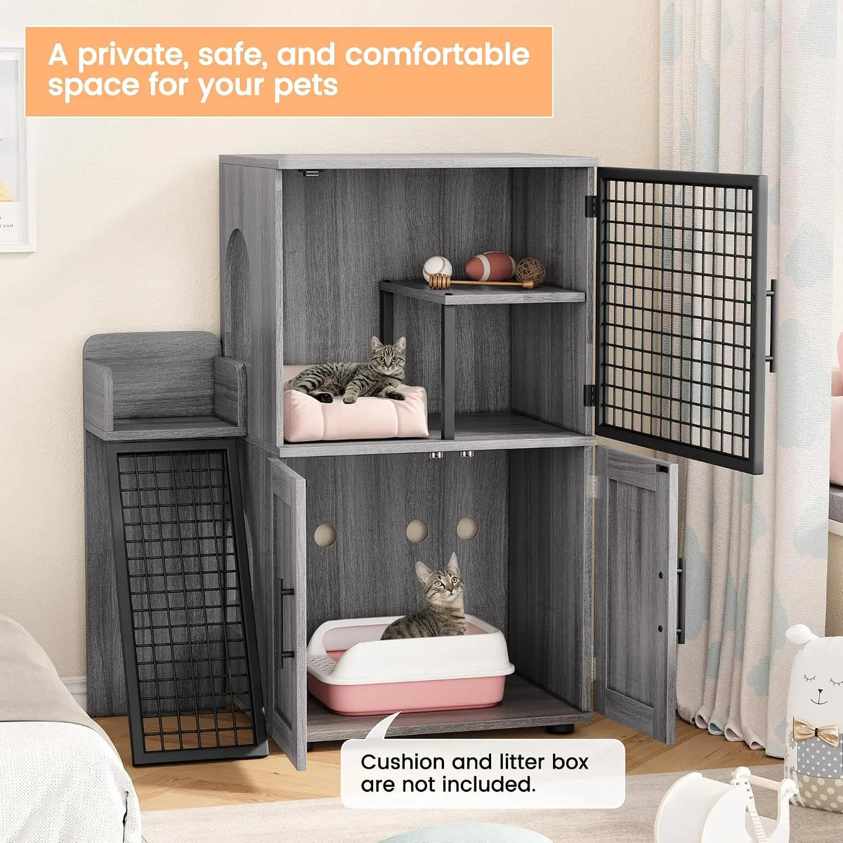 Garvee Villa Cat Litter Box Furniture Enclosure With Ladder