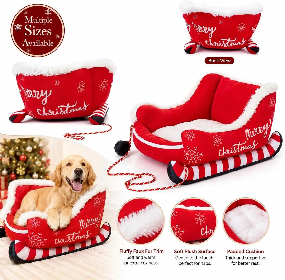 Christmas Dog Sleigh Bed With Plush Raised Sides For Pets