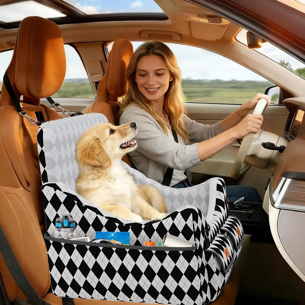Portable Memory Foam Dog Booster Car Seat With Safety Belt