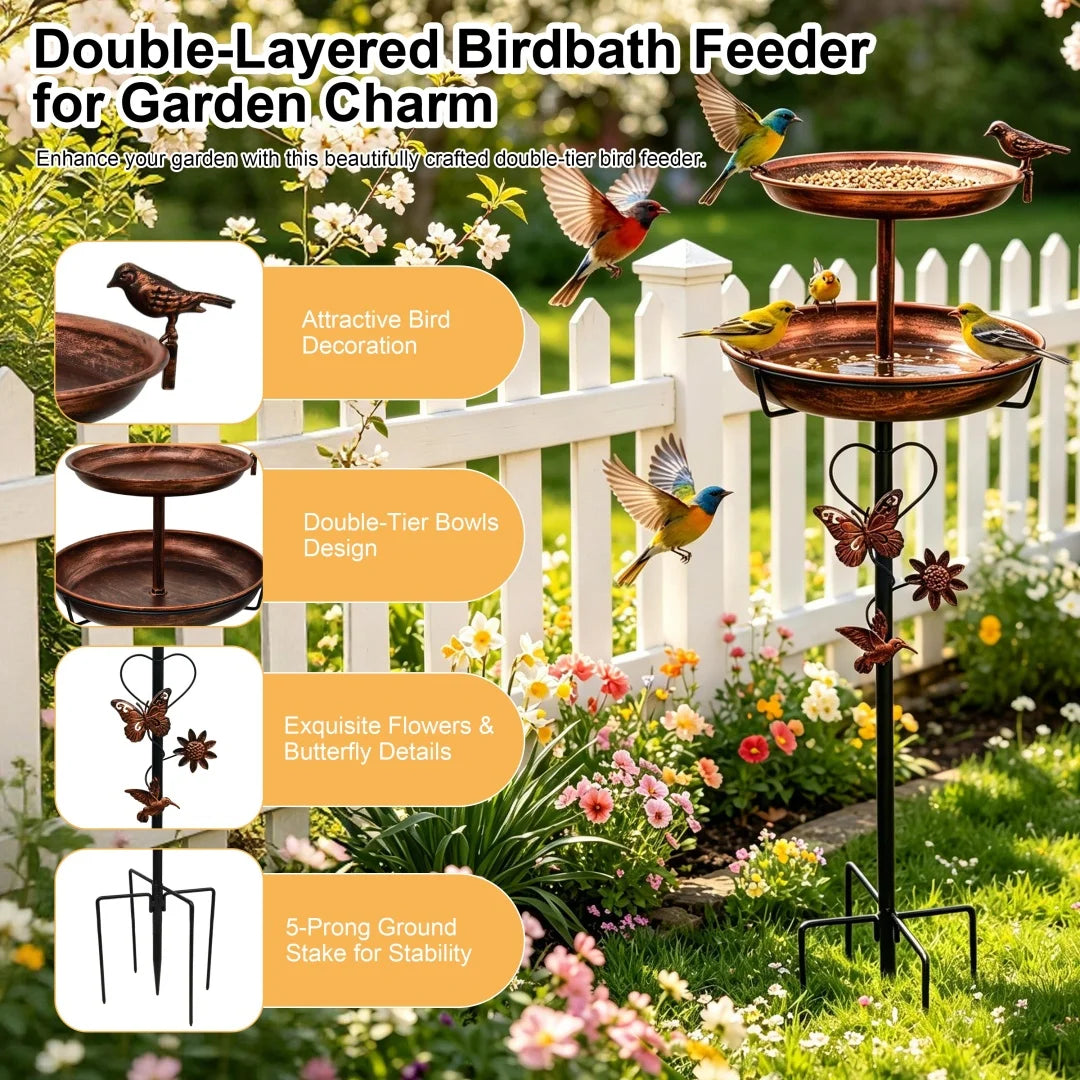 Freestanding Double Bowl Bird Bath and Feeder for Garden Decor