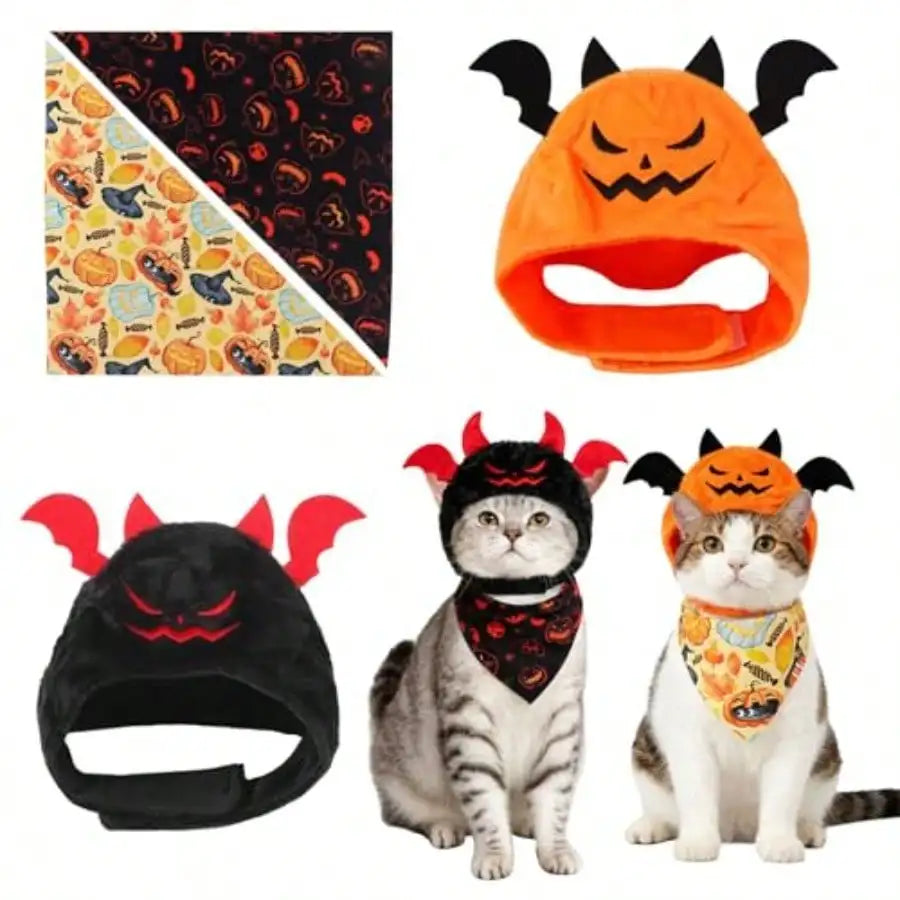Halloween Cat Costume Set With Pumpkin, Bat, And Festive Scarves