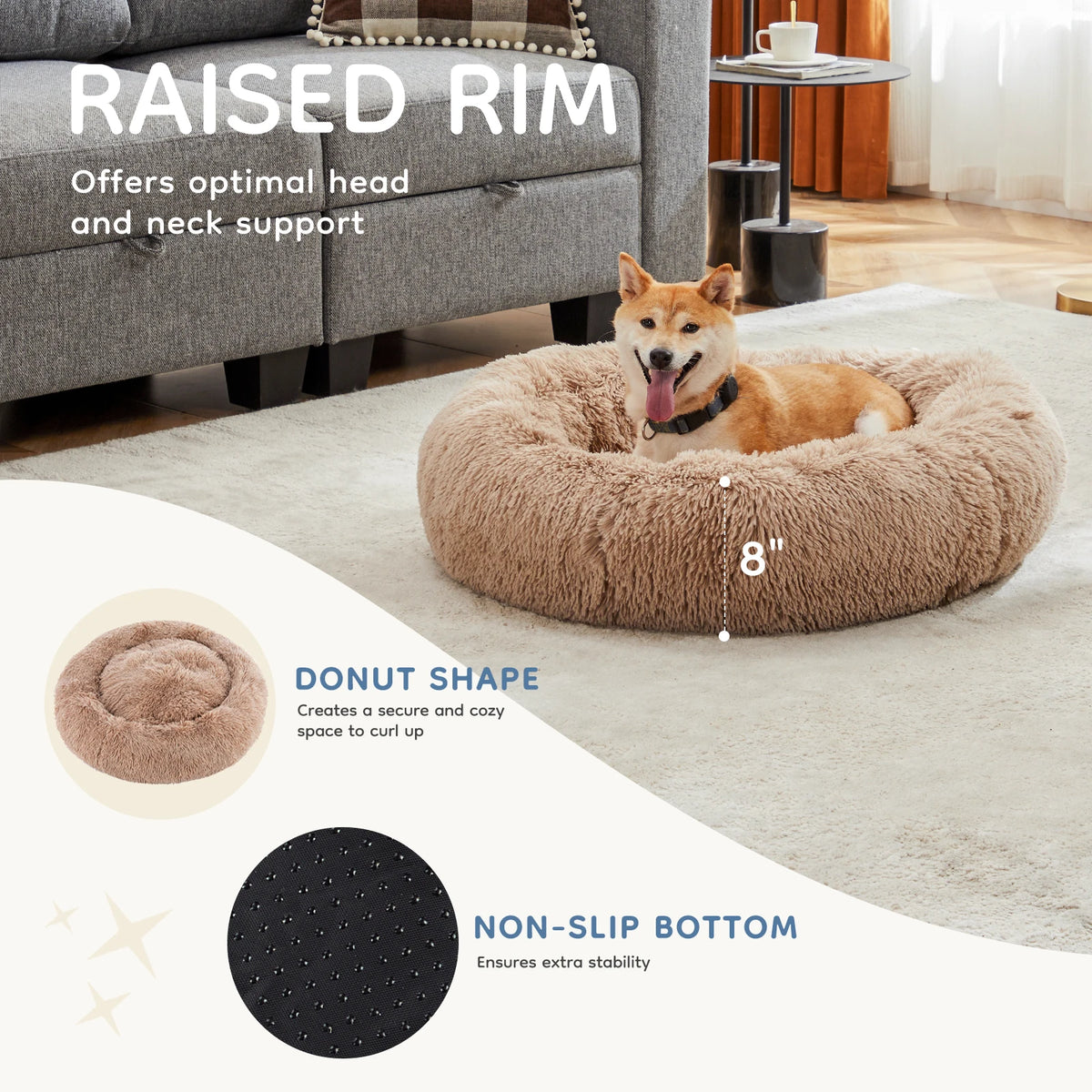 MCQ Plush Faux Fur Cuddler Bed Cozy Non Slip Washable Dog Bed