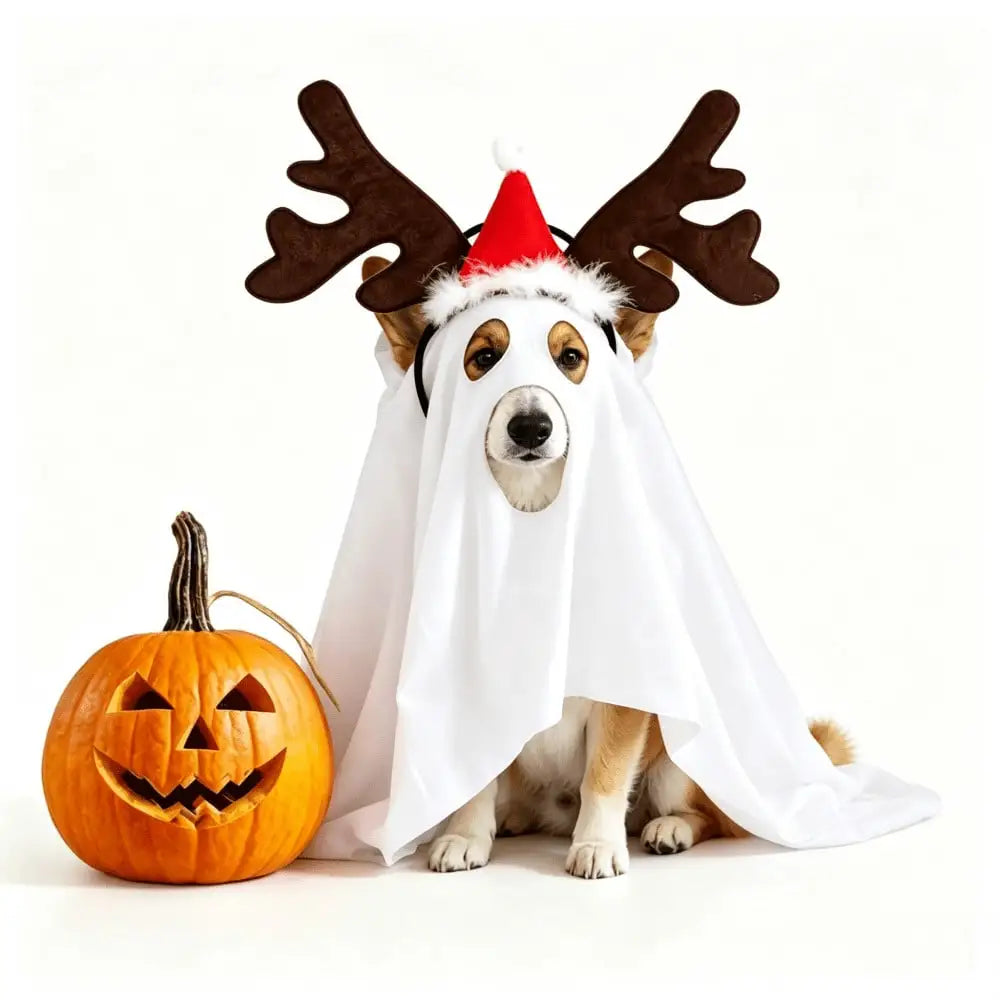 Halloween Ghost Pet Cape And Reindeer Antlers Costume Set