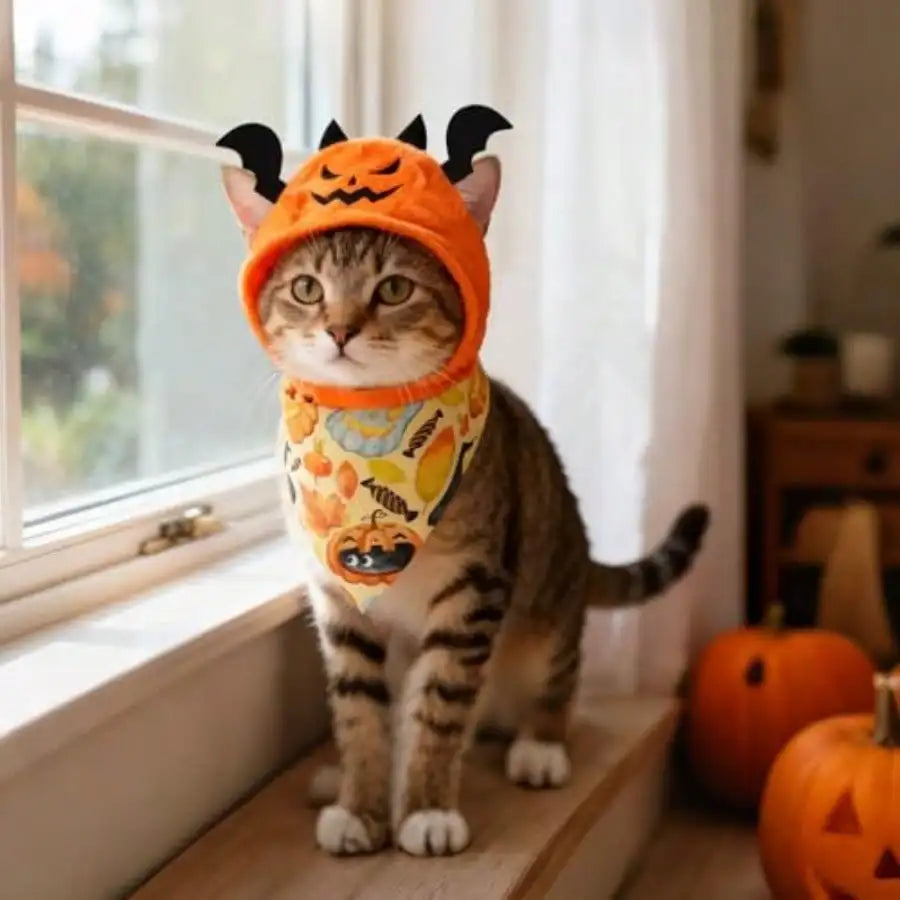 Halloween Cat Costume Set With Pumpkin, Bat, And Festive Scarves