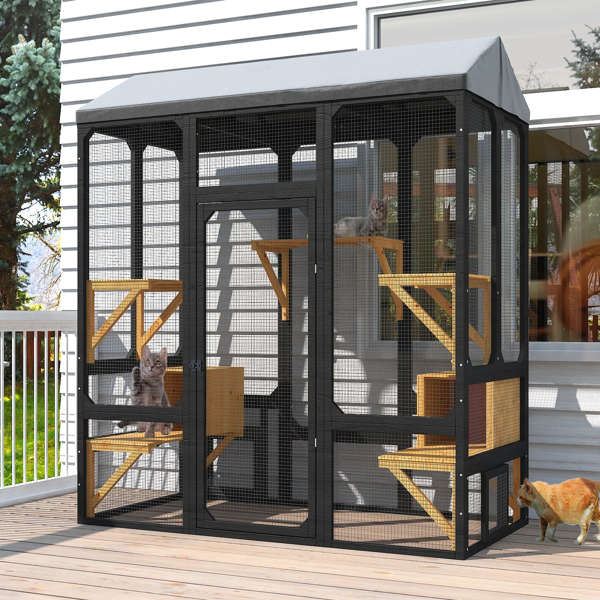 Outdoor Cat Catio Enclosure With Waterproof Cover And Resting Platforms