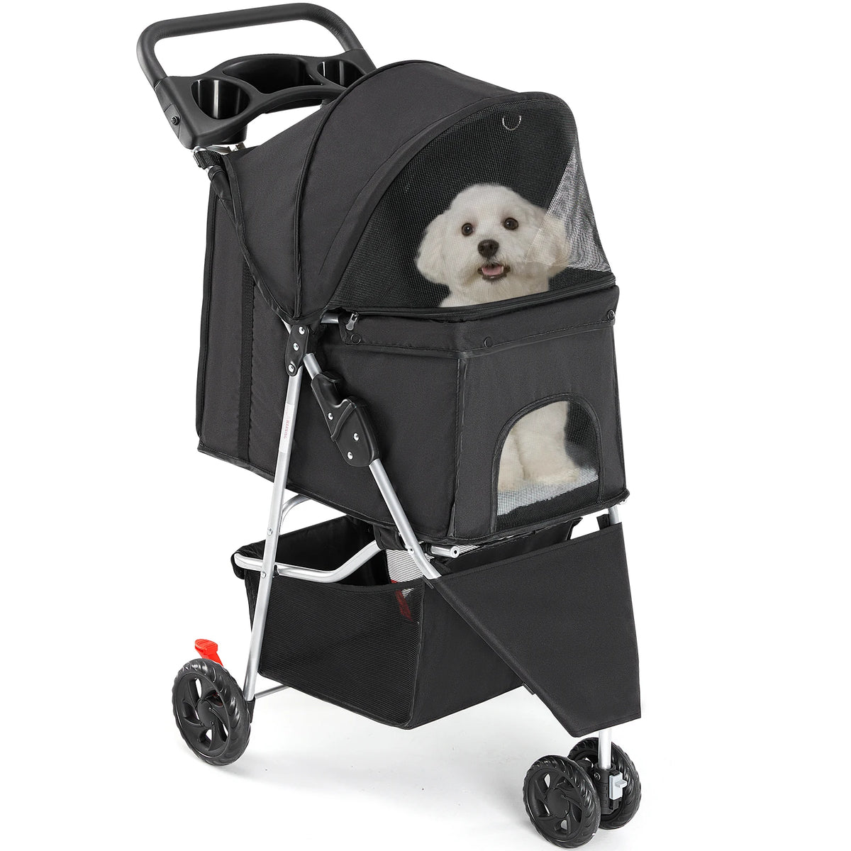 Foldable Pet Stroller With Mesh Windows And Storage Basket
