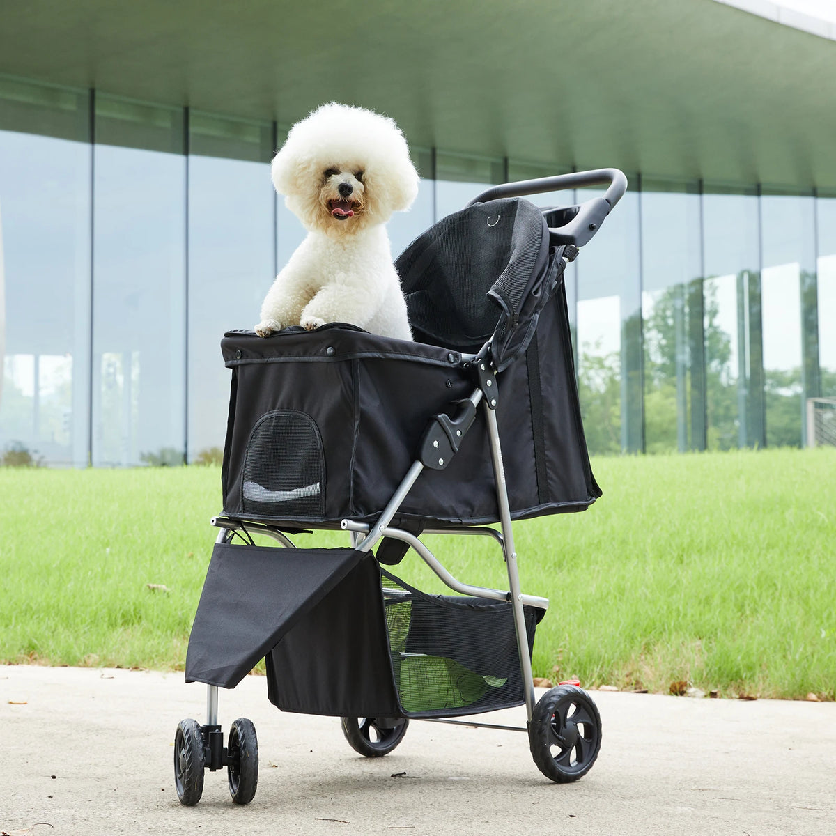 Foldable Pet Stroller With Mesh Windows And Storage Basket