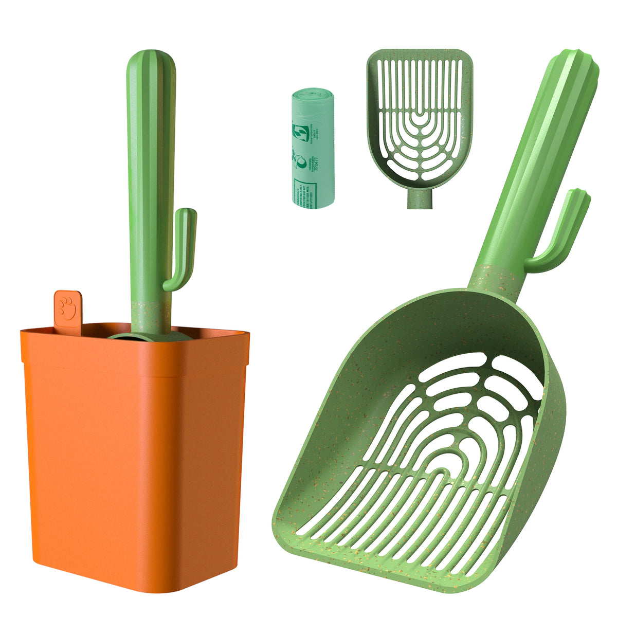Cactus Cat Litter Scoop Set With Holder And Bag Storage