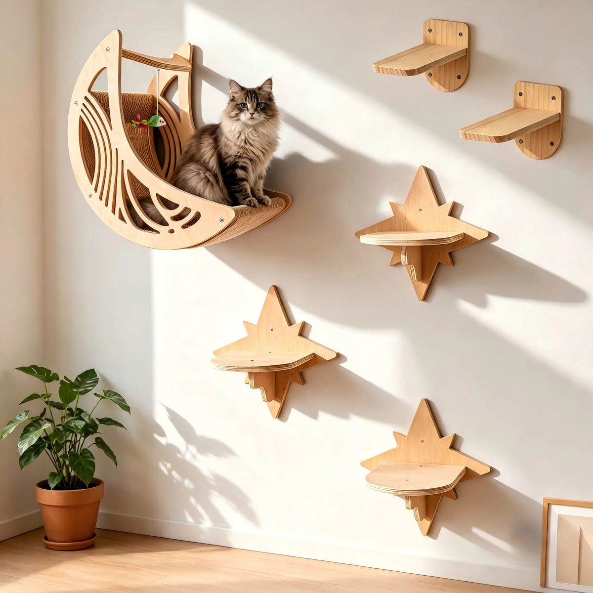 CWV Wall Mounted Cat Shelves Moon Hammock And Star Perches