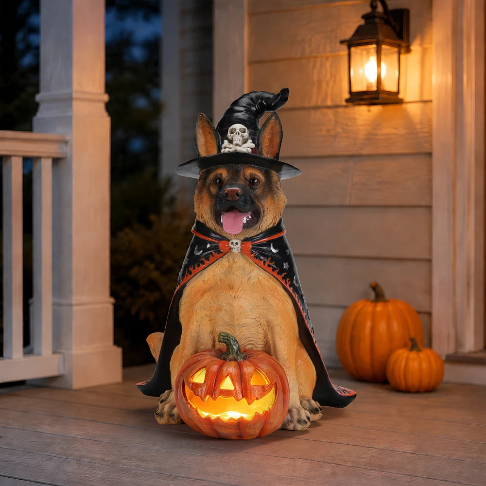 Halloween German Shepherd Statue With Witch Hat And LED Pumpkin