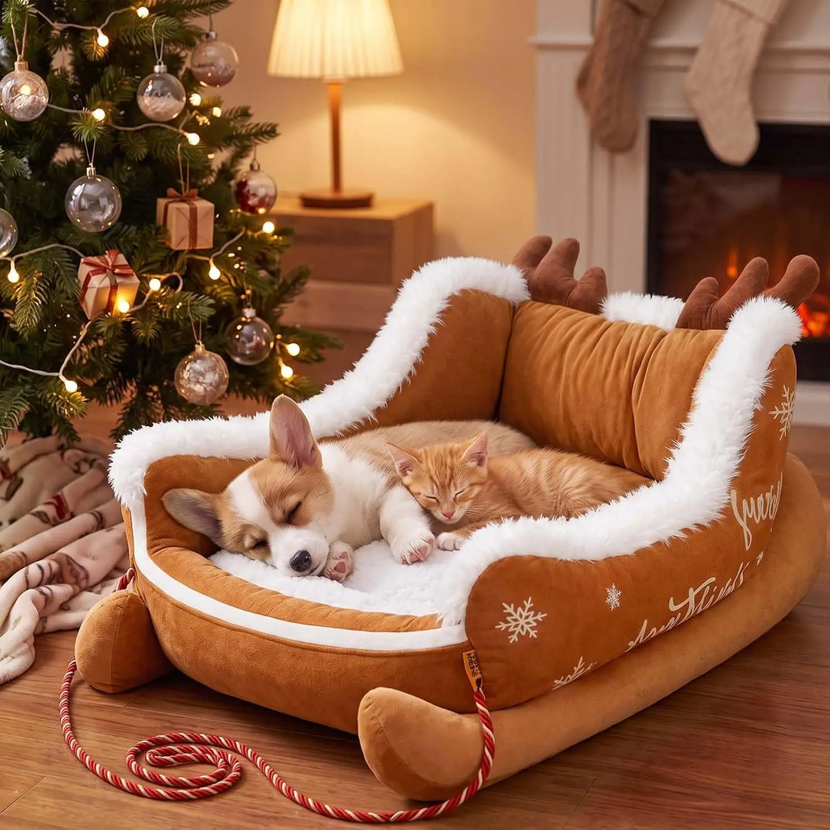 Christmas Dog Sleigh Bed With Plush Raised Sides For Pets