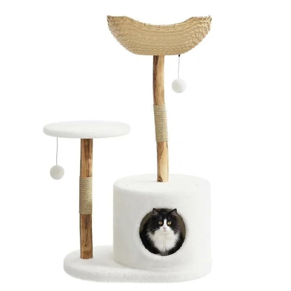 Wooden Cat Tree Tower With Rattan Multi Level Activity Center