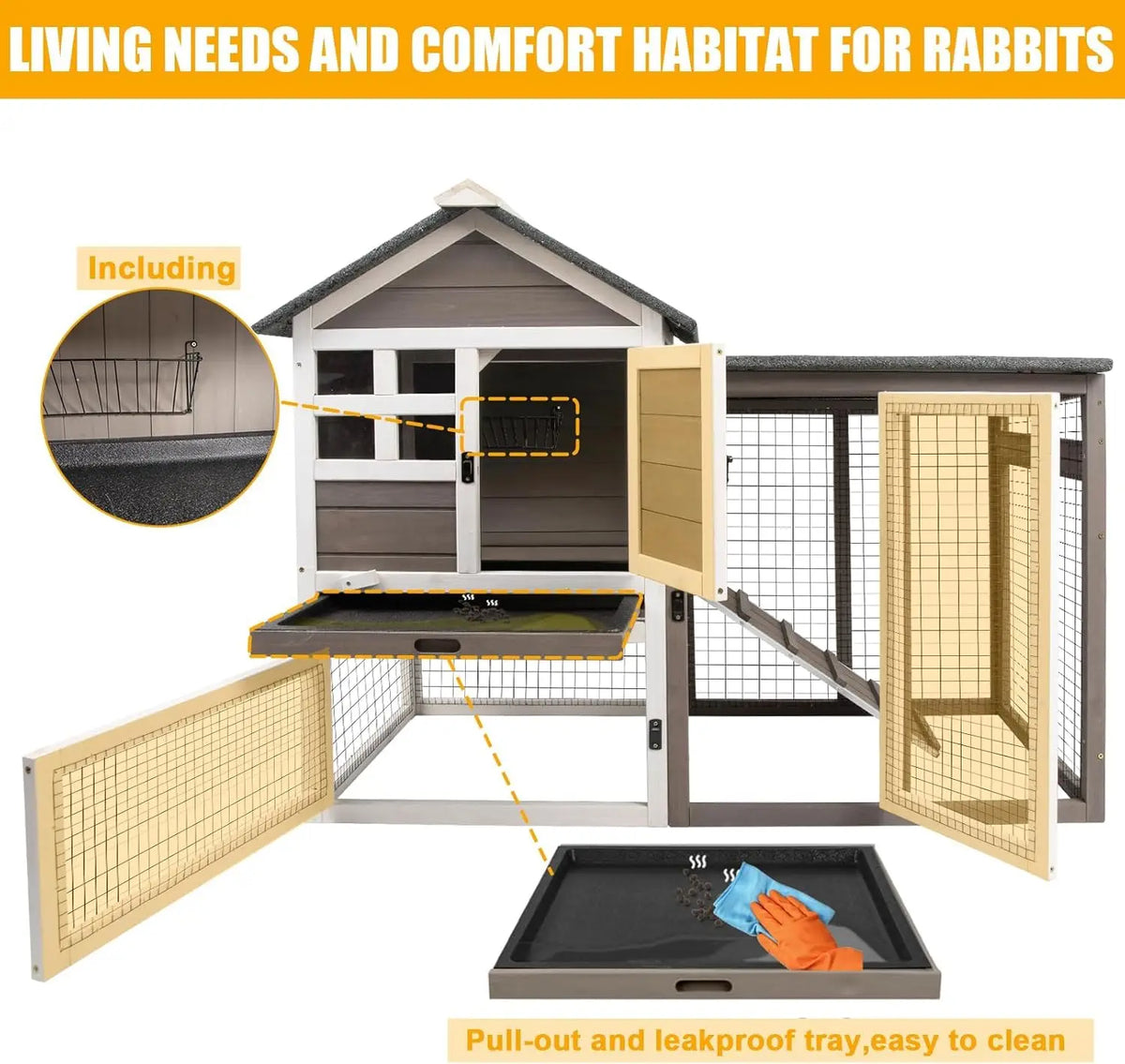 HiMISS Wooden Rabbit Hutch With Run And Removable Tray