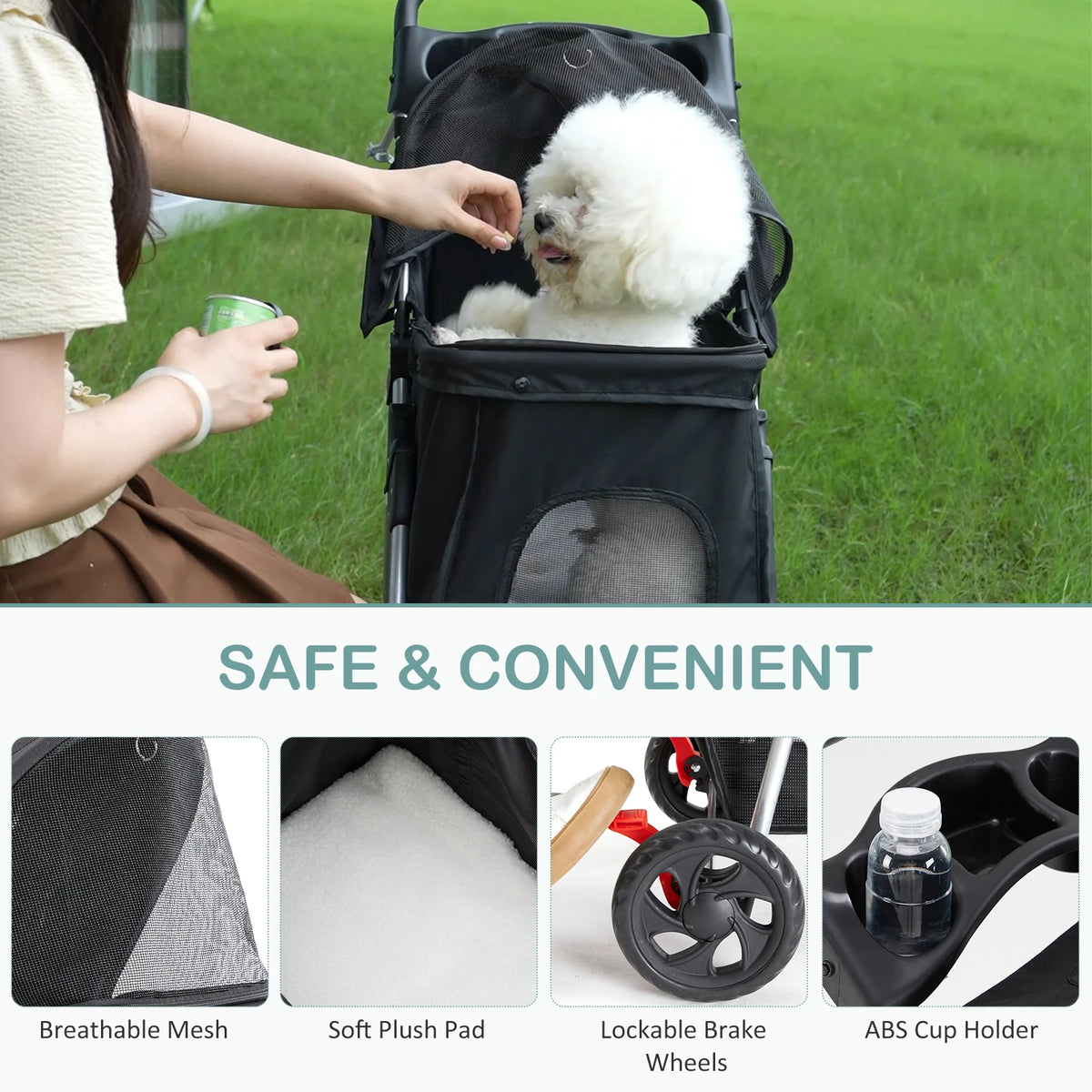 Foldable Pet Stroller With Mesh Windows And Storage Basket