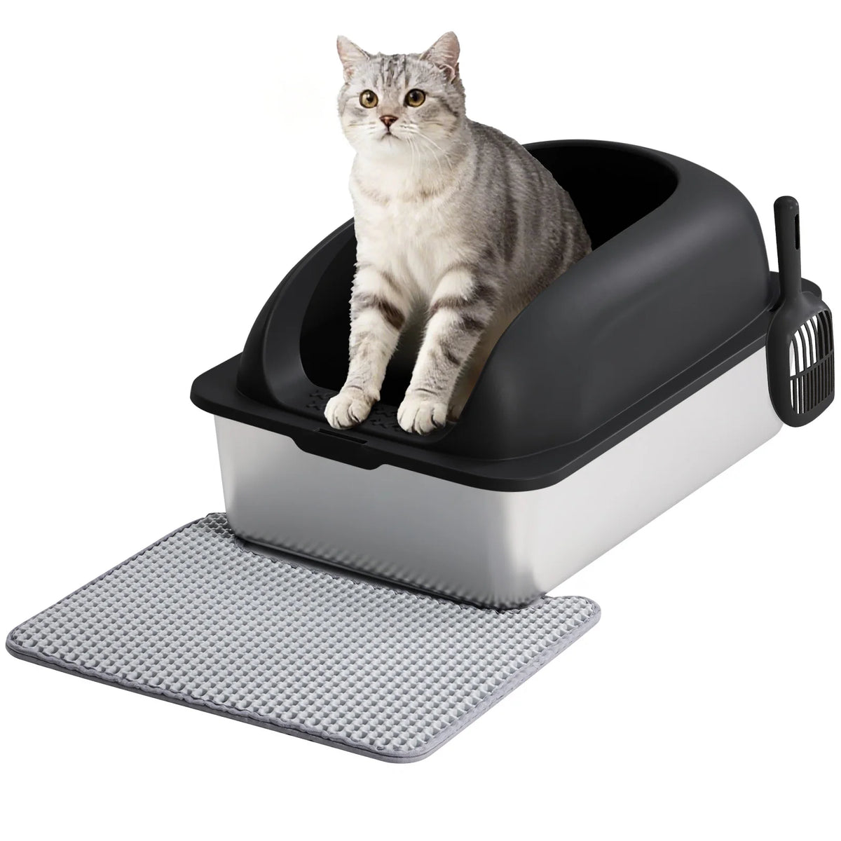 Stainless Steel Covered Cat Litter Box with Scoop and Mat