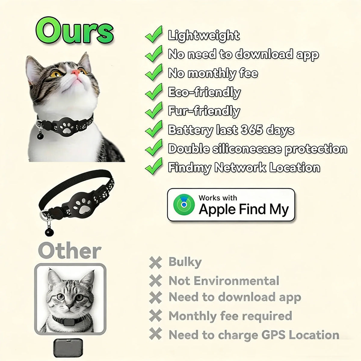 Reflective AirTag Cat Collar With Paw Pattern Quick Release Buckle
