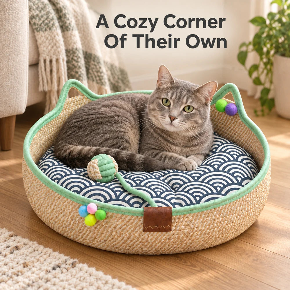 Woven Cat Bed For Indoor Cats Round Cat Basket With Cat Ear Design Cozy Cat Lounger For Kittens And Small Cats Indoor Pet Sleeping Basket For Napping And Relaxing