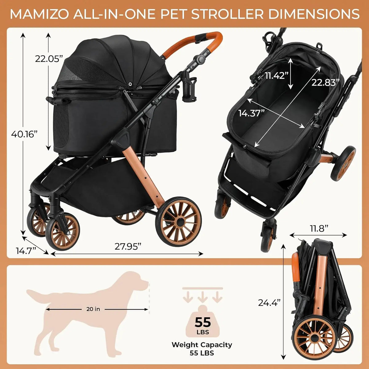 Foldable Pet Stroller with Adjustable Handle and Sun Shade