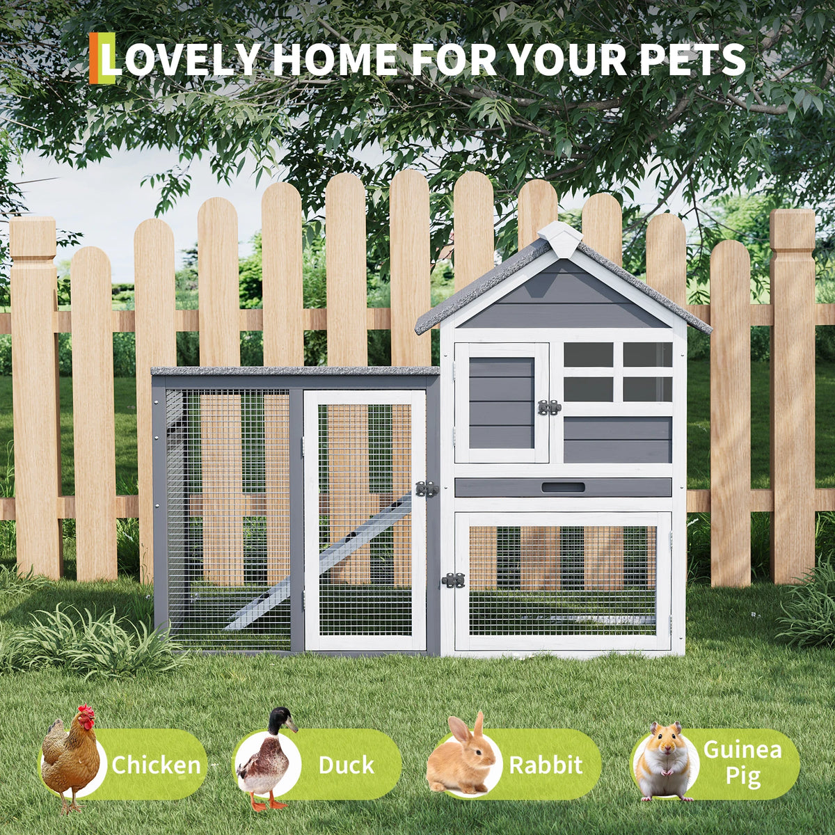 Two Story Wooden Rabbit Hutch And Chicken Coop With Ramp