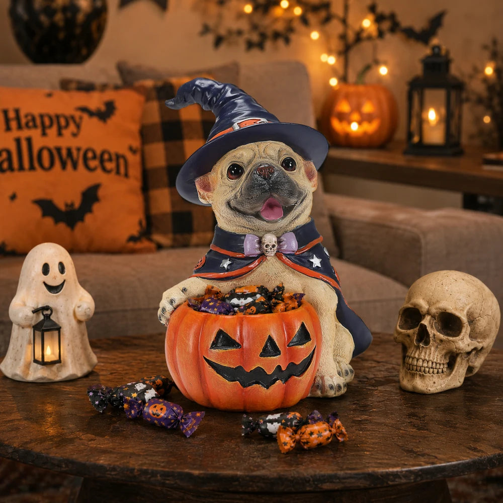 Halloween French Bulldog Witch Figurine With Pumpkin Candy Bowl Decor